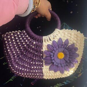 Violet Purple Boho Floral Raffia Top Handle Mini Straw Woven Tote Bag (Handmade)